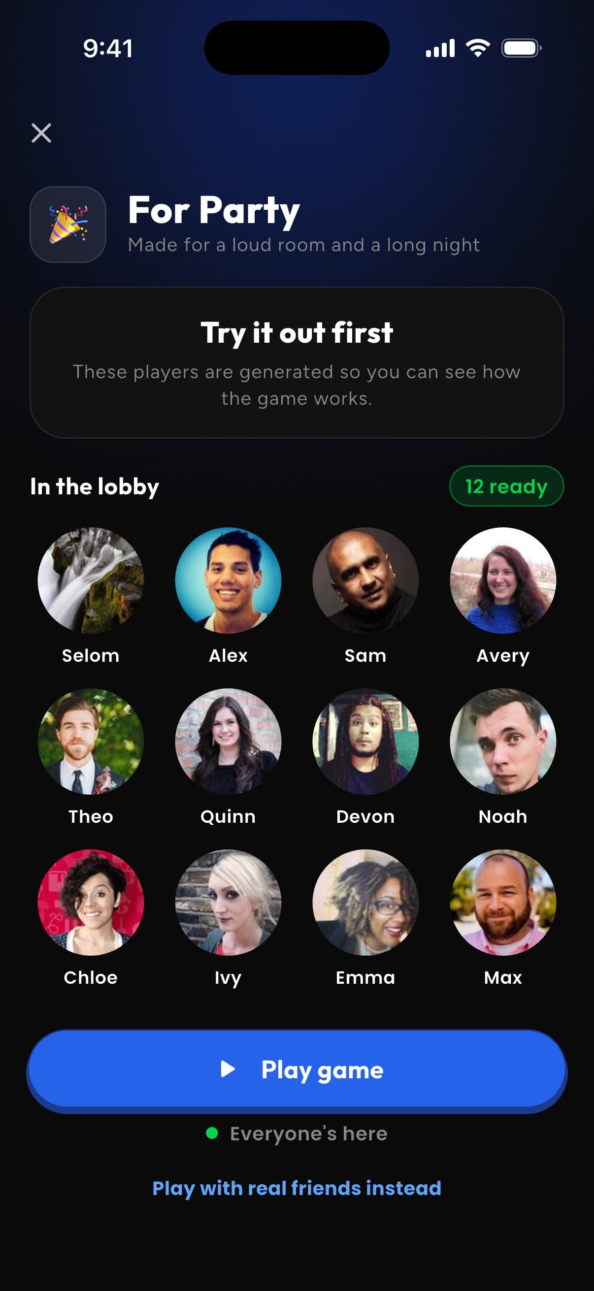 Sala con doce amigos listos para jugar